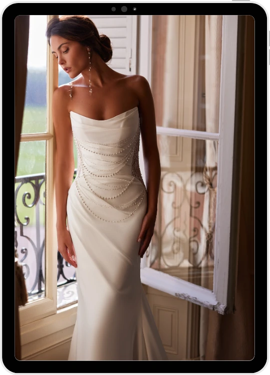 Tablet al cui interno si vede una sposa con un abito bellissimo a sirena